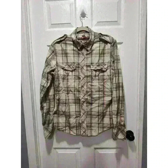 GUESS MENS‎ MEDIUM LONG SLEEVE SNAP DOWN ZIPPERED POCKETS WESTERN PLAID SHIRT - Picture 1 of 9